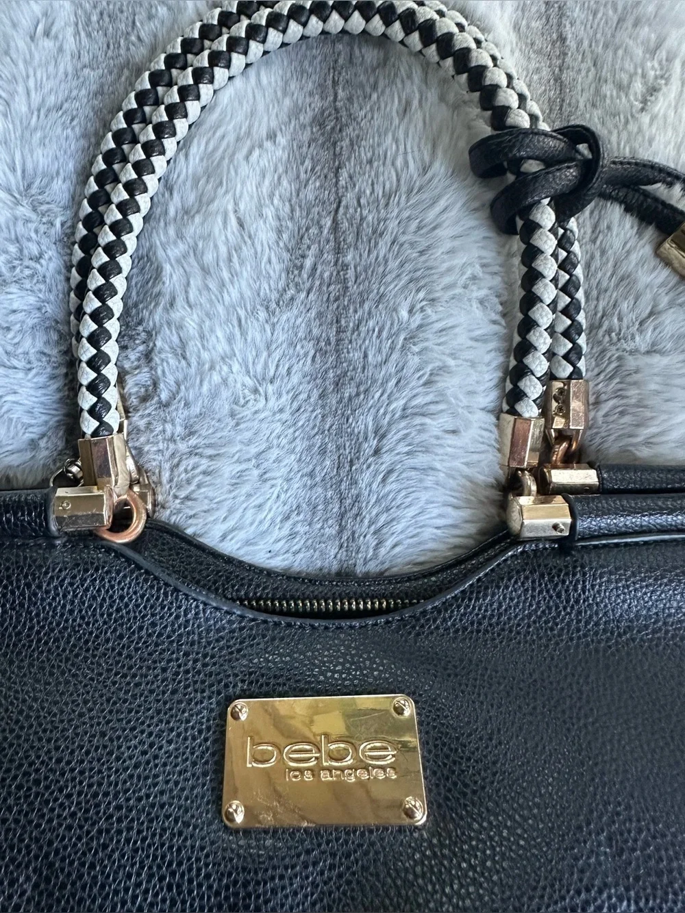 Bebe Natalie Braided Handle Black Faux Leather Satchel